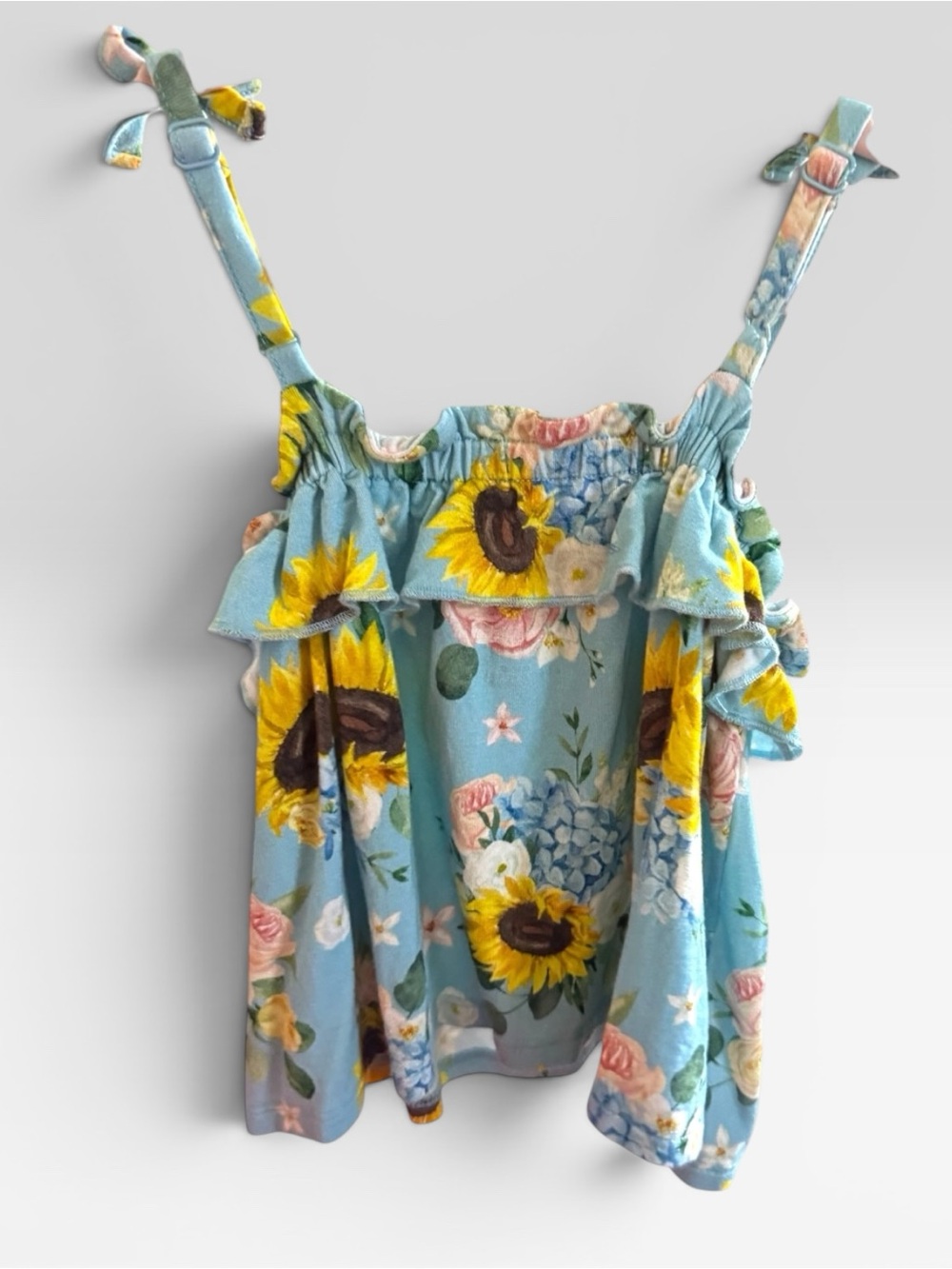 Posh Peanut girls 2T Ruffle Tank Top Blue Sunflower Floral Bamboo Straps EUC